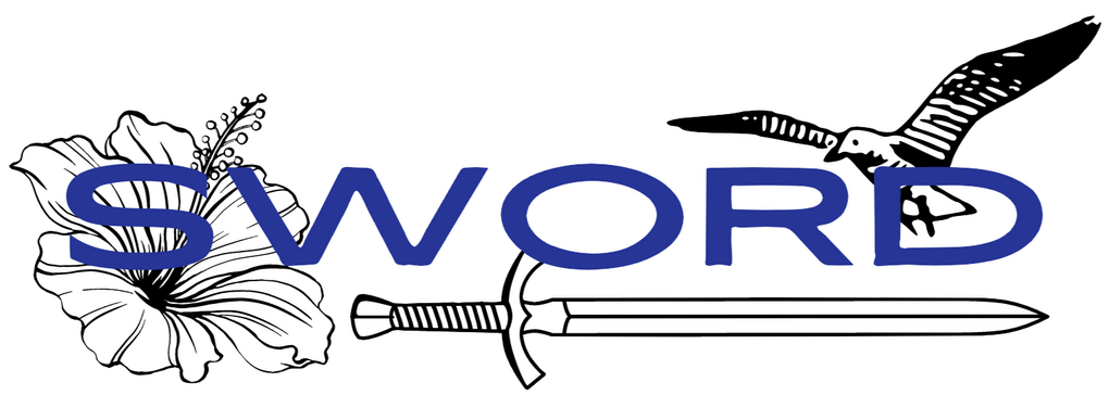 The zine's logo. The word "SWORD" is written in big blue letters. On the left, there's a drawing of a hibiscus, on the right a drawing of a seagull and below the text, a drawing of a sword.